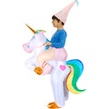 Child wearing inflatable unicorn costume with rainbow tail and golden hooves