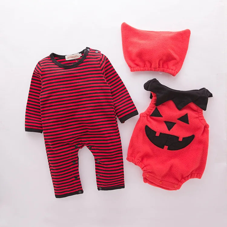 Infant pumpkin costume set with romper, hat, and striped bodysuit