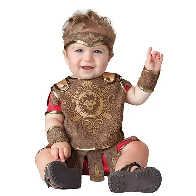 Infant wearing Roman Gladiator Costume Set with brown tunic, headband, and wrist cuffs