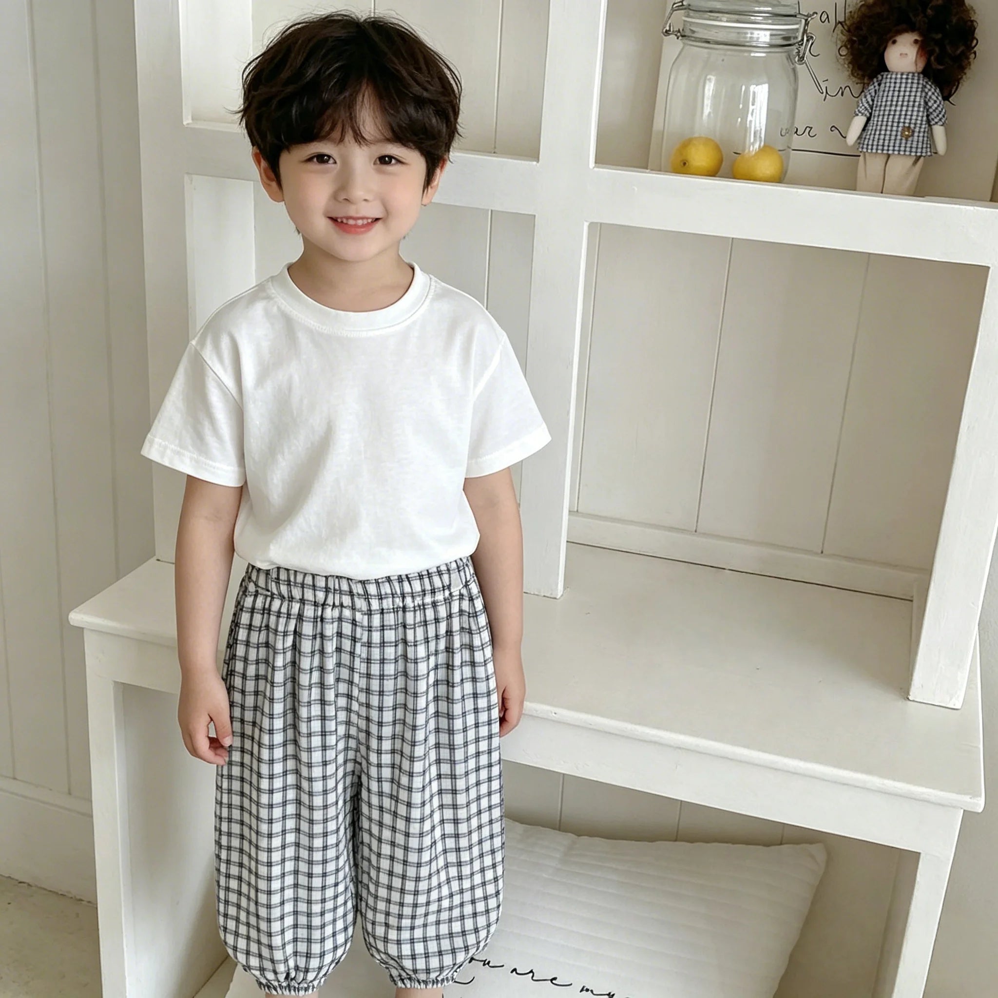 Baby Cotton Plaid Jogger Pants with Elastic Waistband