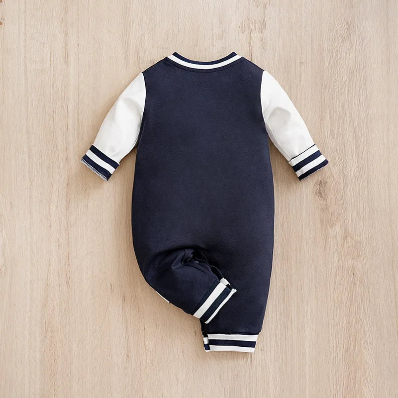 Blue Baseball Embroidered Baby Romper Front View