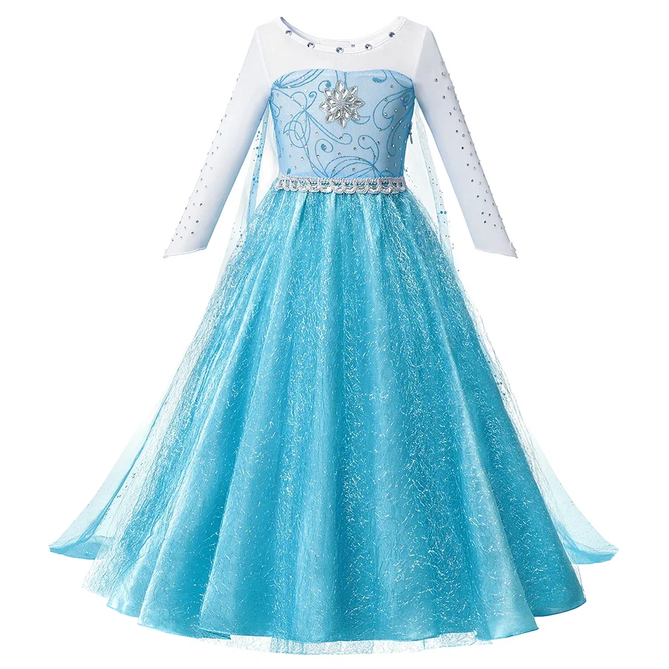 Blue sparkle princess costume dress with long white sleeves and sheer cape