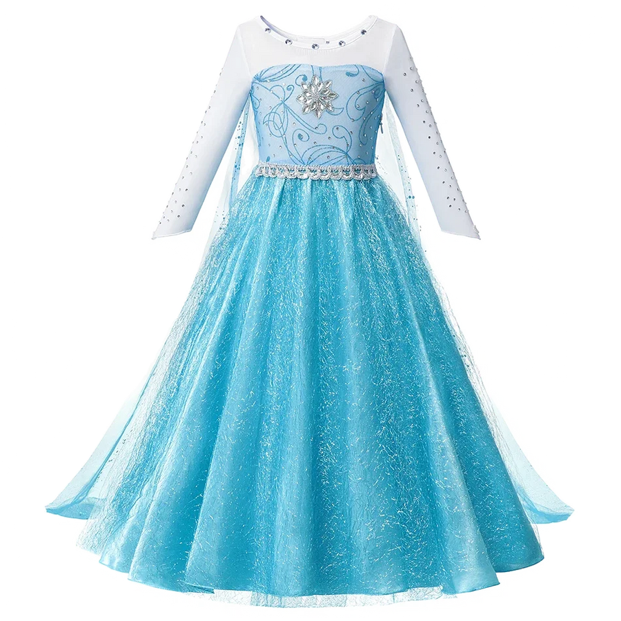 Blue sparkle princess costume dress with long white sleeves and sheer cape