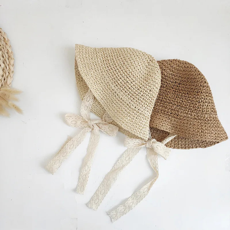 Lace Bow Baby Sun Hat with Straw Design for Baby Girls