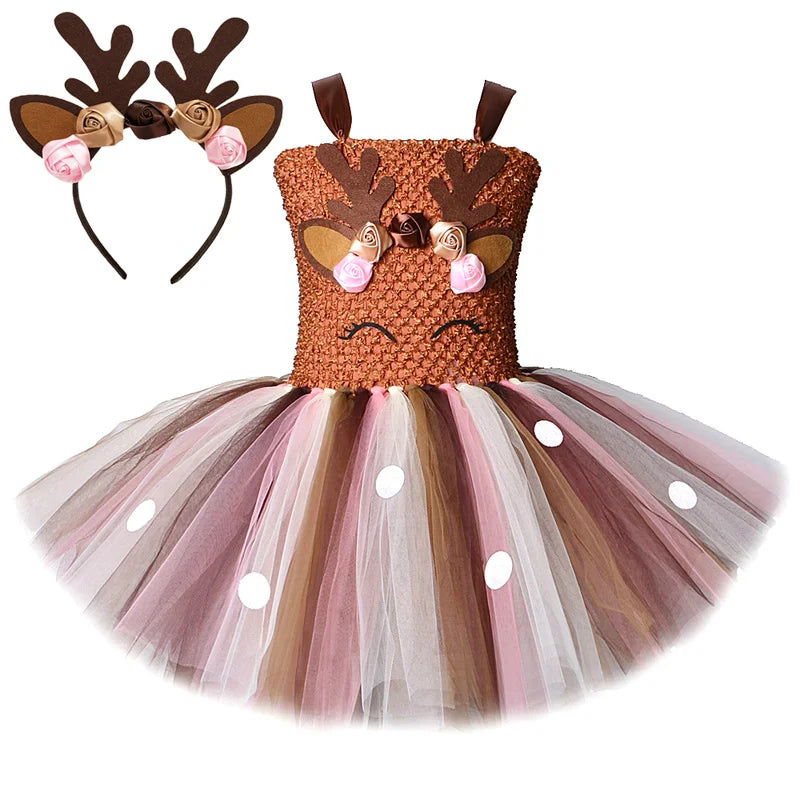 Brown deer tutu dress with antler headband for girls