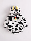 Infant cow print fleece romper costume with hood featuring yellow horns and pink ears, and a decorative bell at neckline.