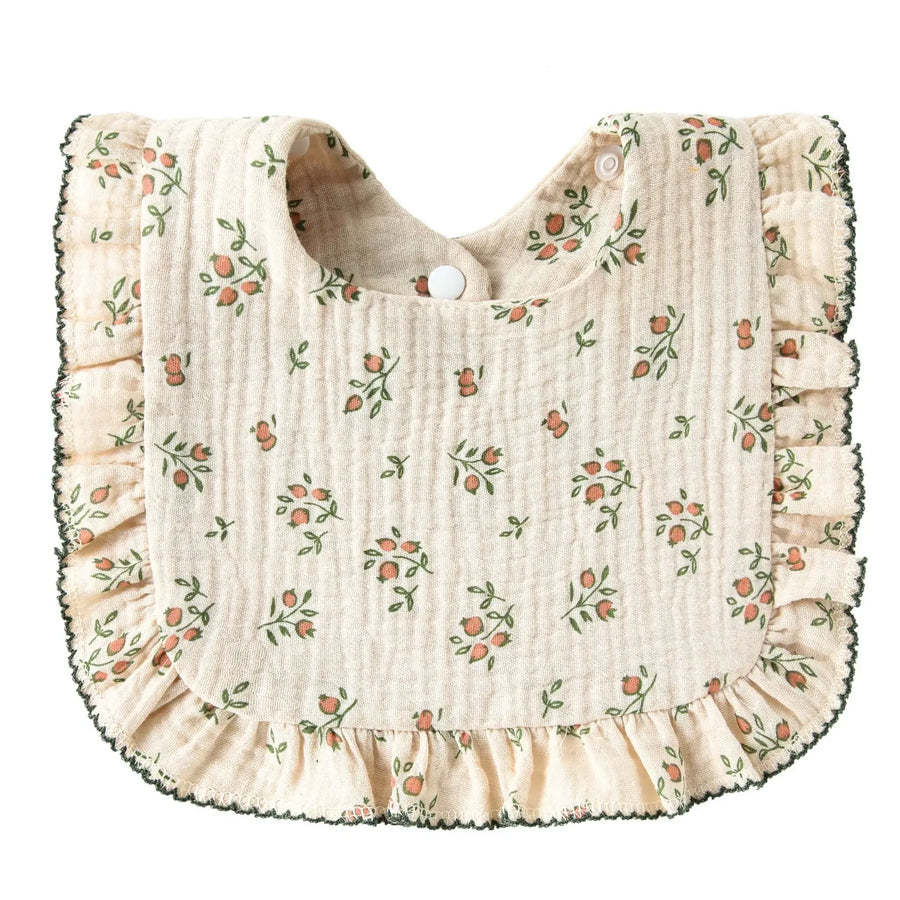 Tiny Peach Floral Ruffle Cotton Baby Bib, product view