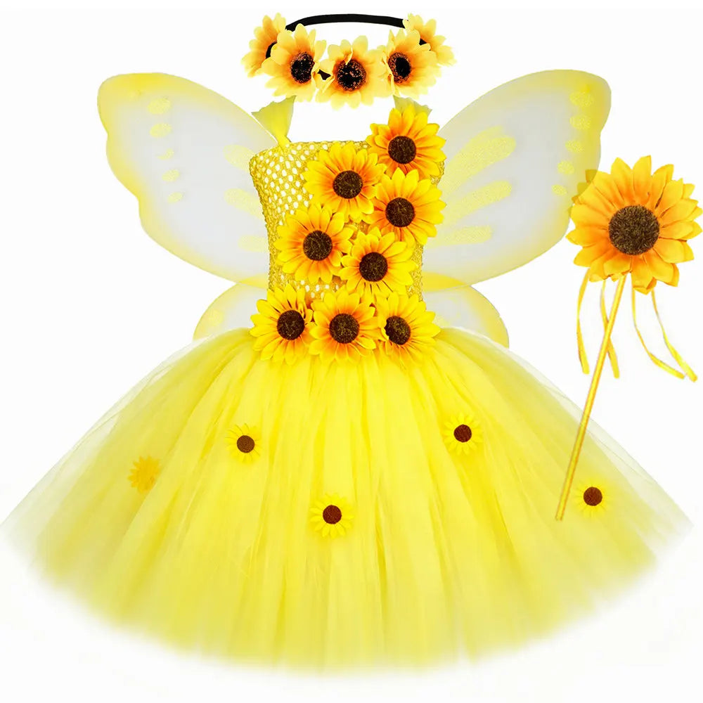Sunflower fairy dress with garland headband, wings, and wand