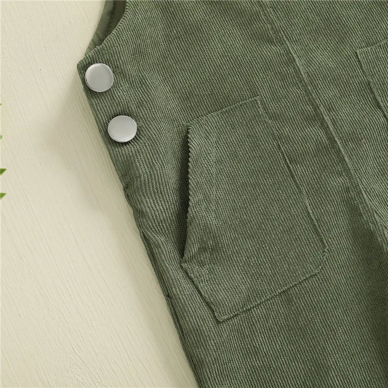Close-up of Button Closure on Baby Suspender Pants Jumpsuit