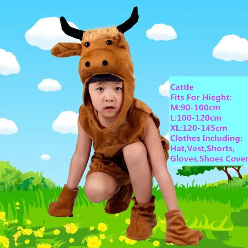 Child wearing brown cattle animal costume set with hat, vest, shorts, gloves, and shoe covers