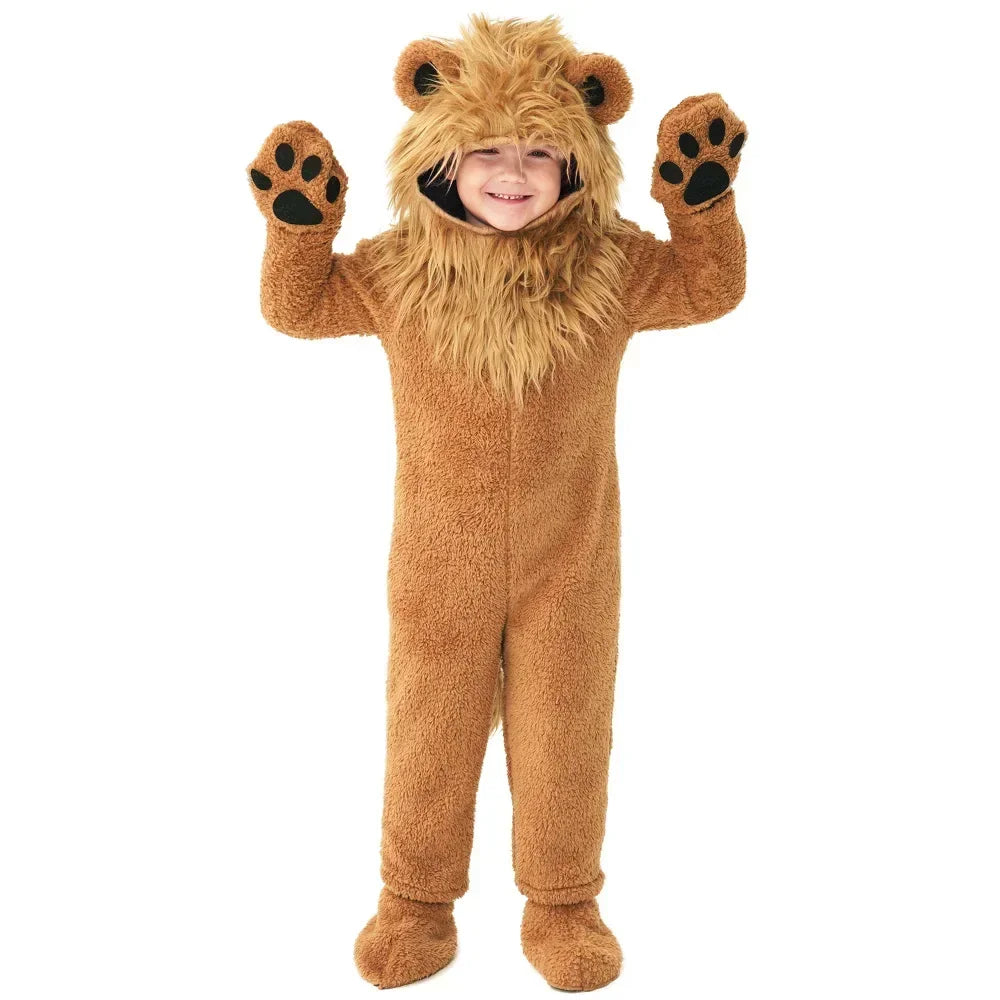 Child wearing lion animal jumpsuit costume with mane hood, paw gloves, foot covers, and tail