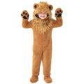 Child wearing lion animal jumpsuit costume with mane hood, paw gloves, foot covers, and tail