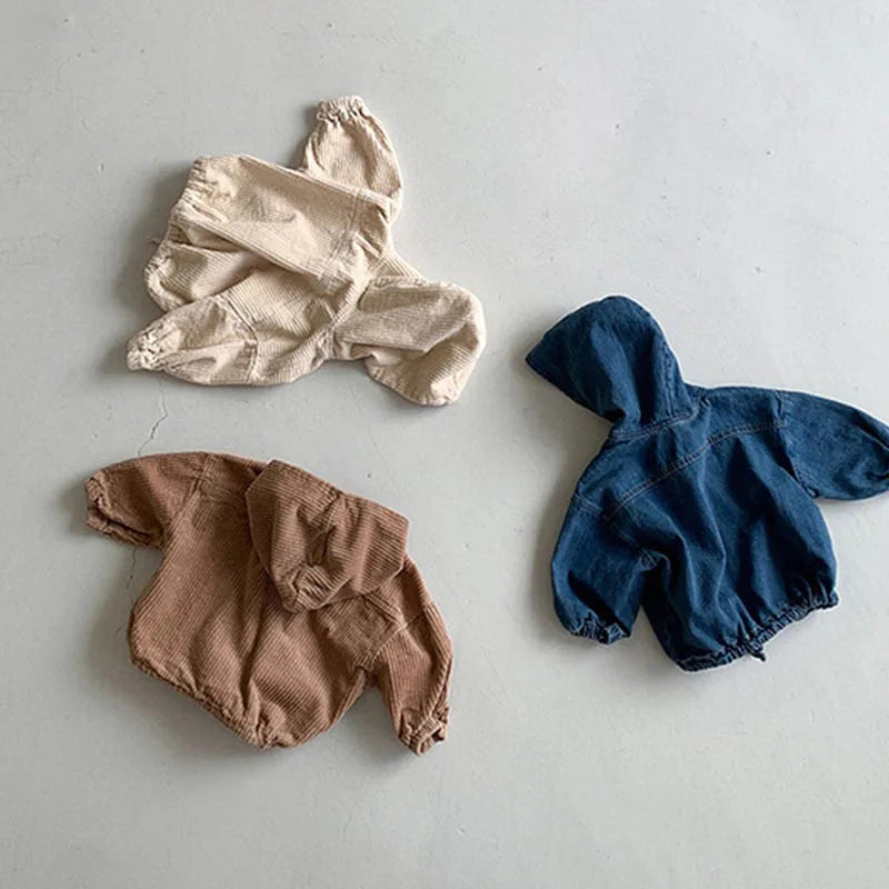 Front view of autumn denim and corduroy hooded jacket for babies and toddlers
