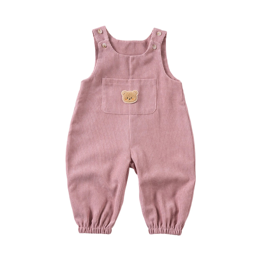 Corduroy Sleeveless Baby Jumpsuit with Bear Embroidery and Front Pocket