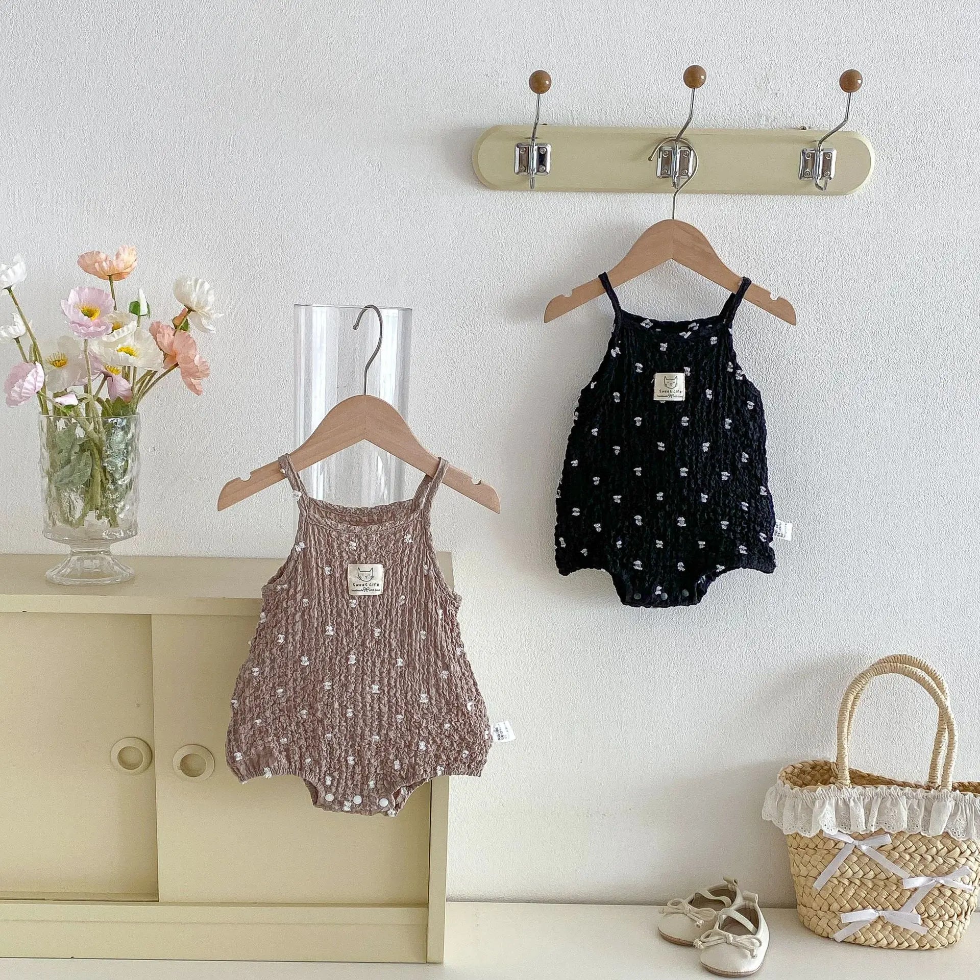 Summer Baby Cami Bodysuit in Cotton with Polka Dot Pattern, Black color option
