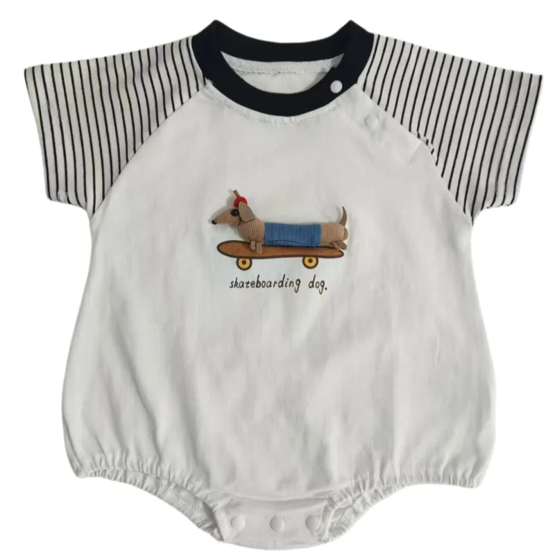 Striped Cotton Baby Romper with Dog Appliqué