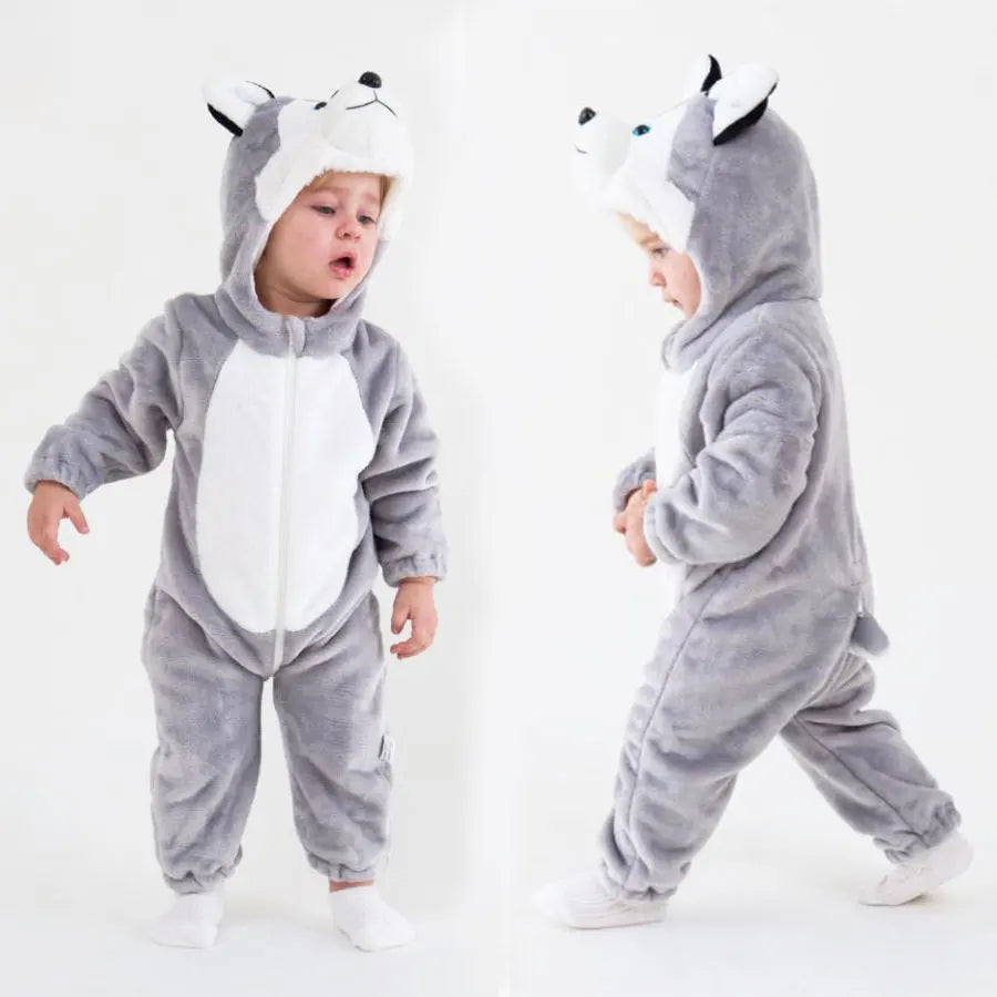 Toddler in husky dog costume romper with model info