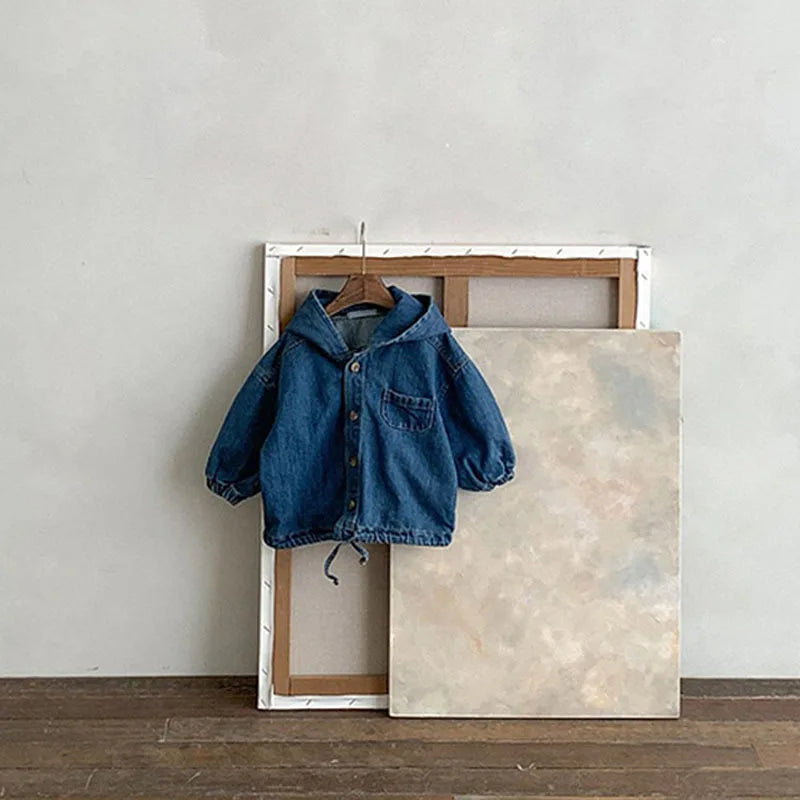 Back view of autumn denim and corduroy hooded jacket for babies and toddlers