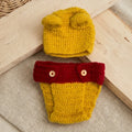 Yellow crochet bear hat and yellow diaper cover with red waistband