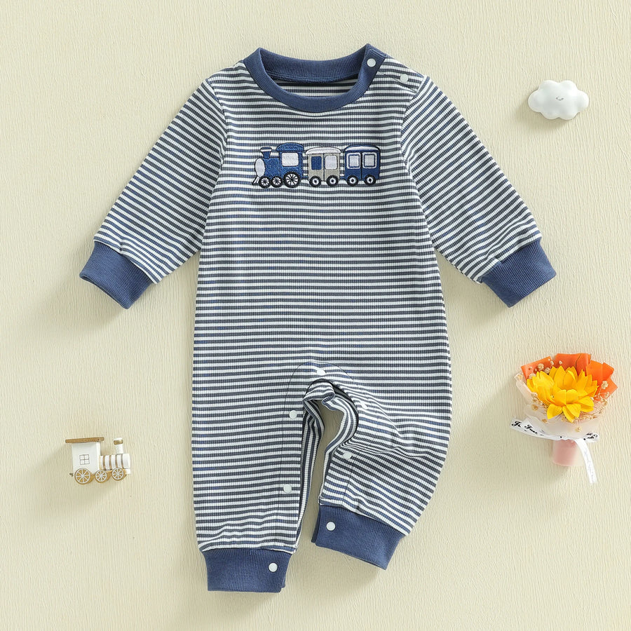 Striped Train Embroidery Romper front view