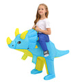Child wearing inflatable blue and yellow triceratops dinosaur costume