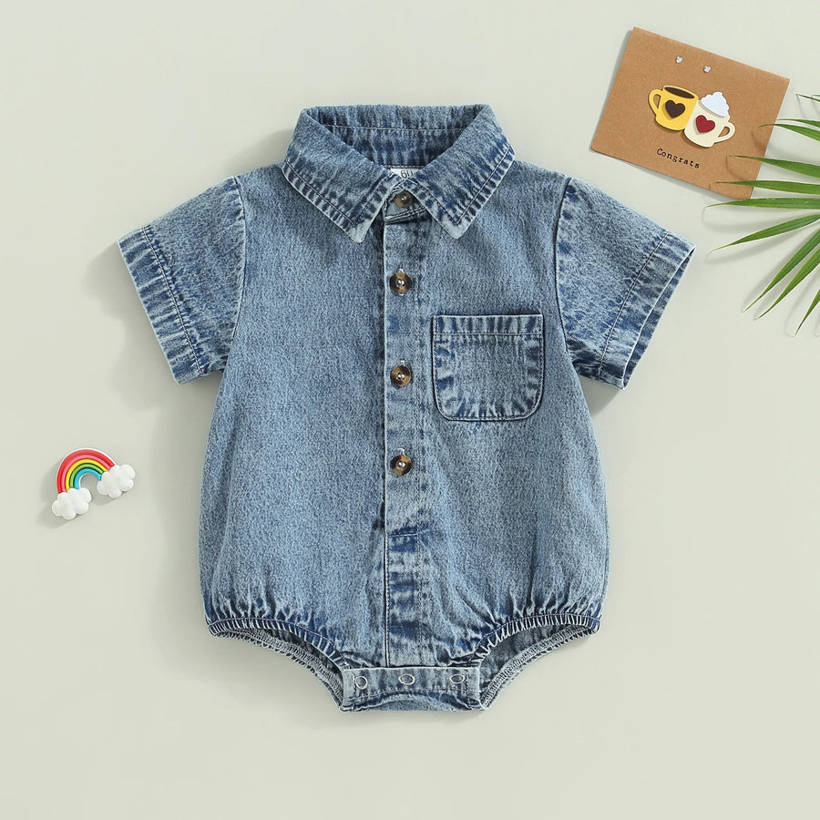 Denim Short Sleeve Baby Romper in Blue