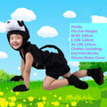 Child wearing black and white panda animal costume set with hat, vest, shorts, gloves, and shoe covers