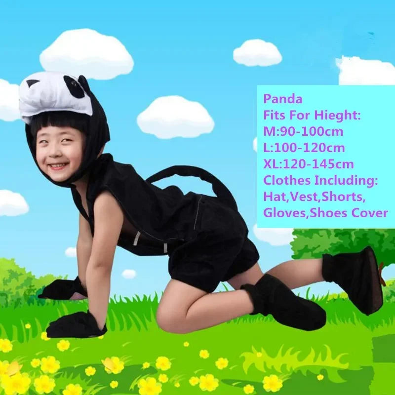Child wearing black and white panda animal costume set with hat, vest, shorts, gloves, and shoe covers