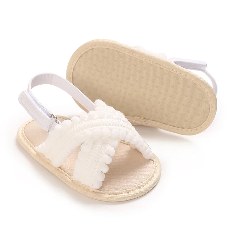 White Scalloped baby sandals with flexible fabric outsole