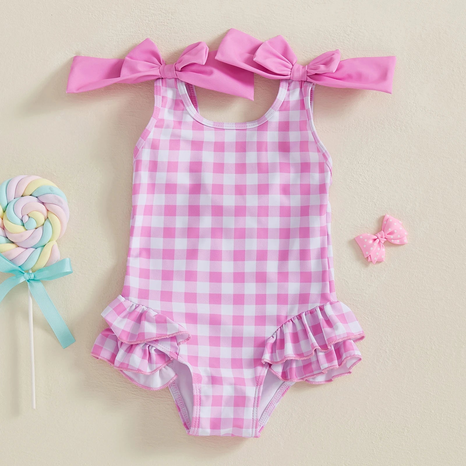 Plaid Print Girls Swimsuit with Ruffles and Double Bowknot