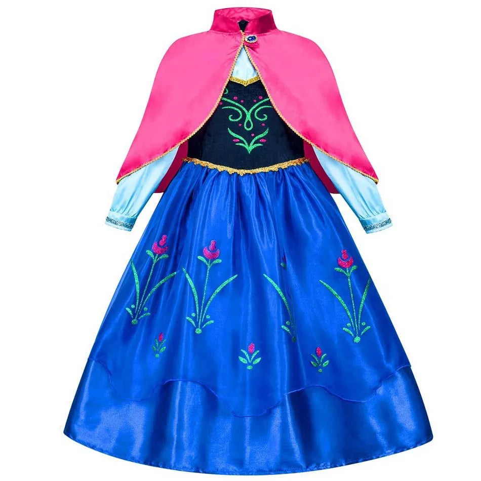 Girls blue and pink cape dress costume set with floral embroidery