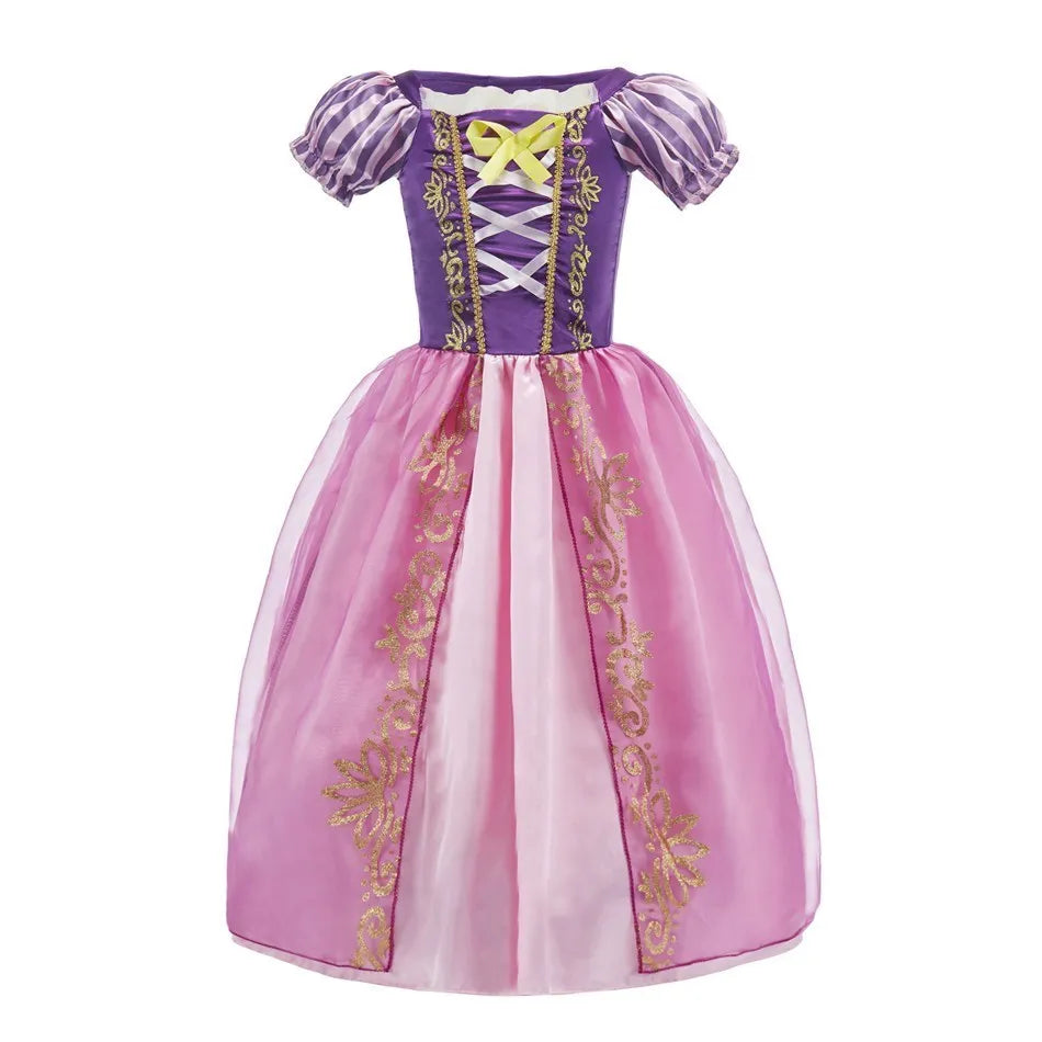 Purple and pink princess dress costume dress with puffed sleeves and gold trim