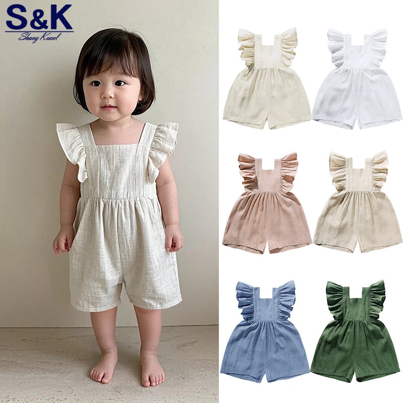 Baby Girls Sleeveless Linen Romper with Ruffles – Summer Jumpsuit
