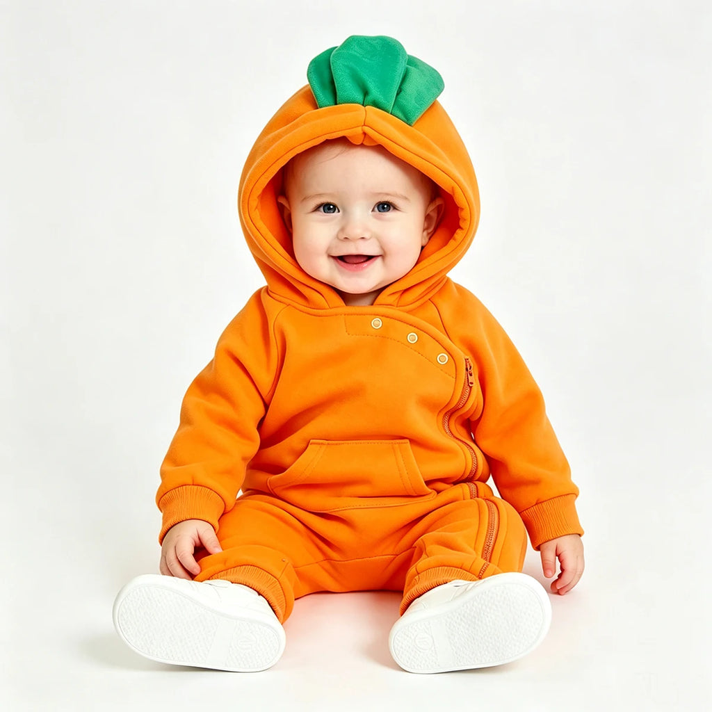 Baby wearing orange carrot hooded jumpsuit costume sitting and smiling