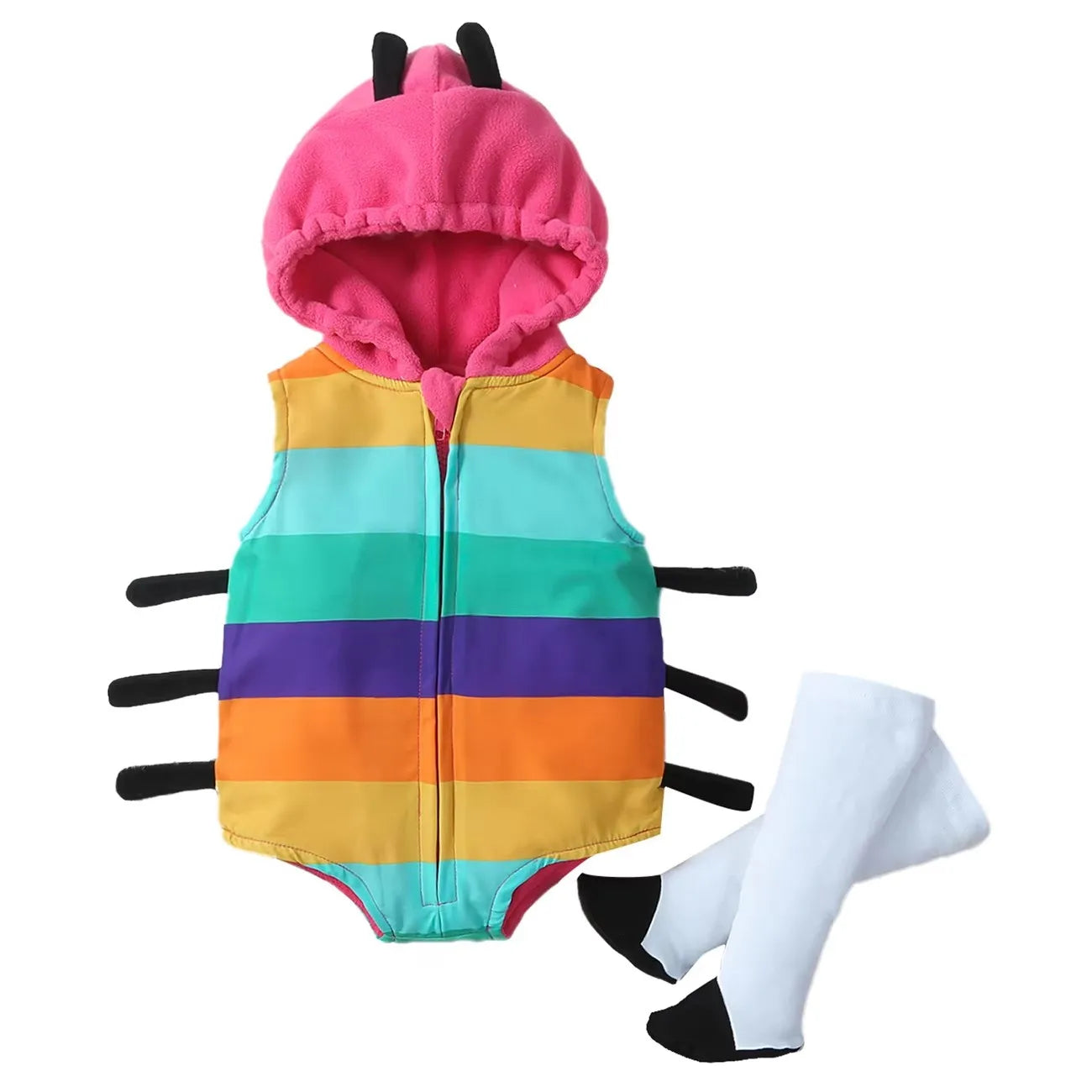 Baby caterpillar costume romper with hood and antennae, plus white stockings with black feet