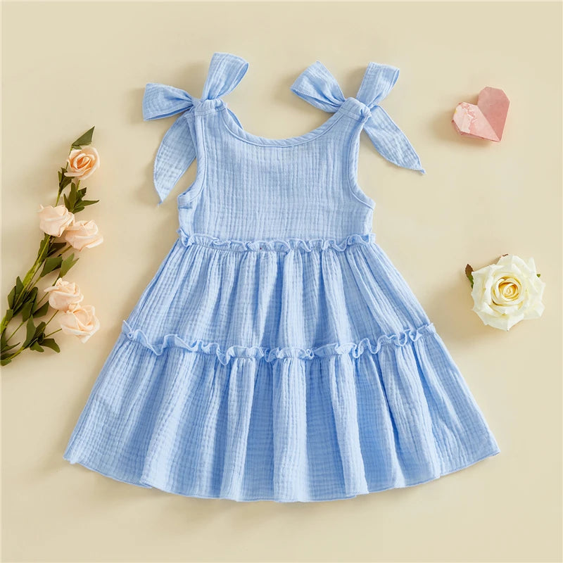Powder Blue tie-shoulder tiered cotton dress back view