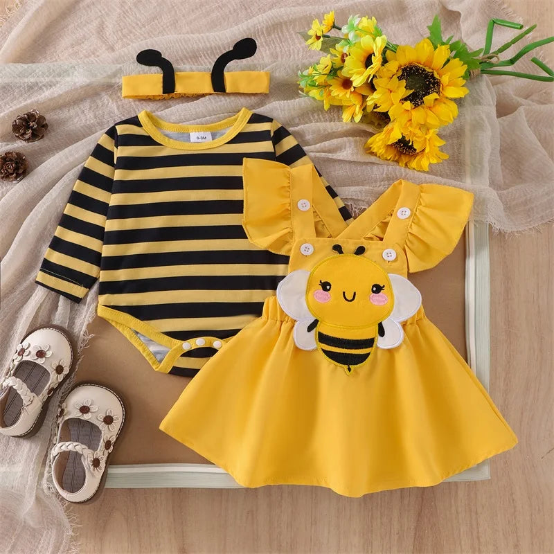 Yellow bee costume set showing romper and suspender dress separately