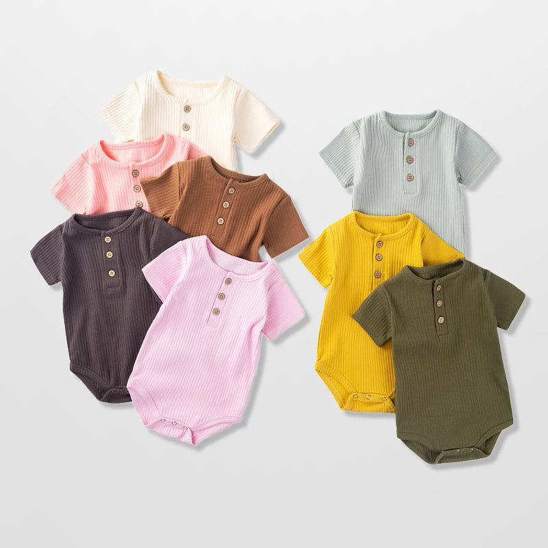 Classic Ribbed Short Sleeve Baby Bodysuit with Wood Button Detail