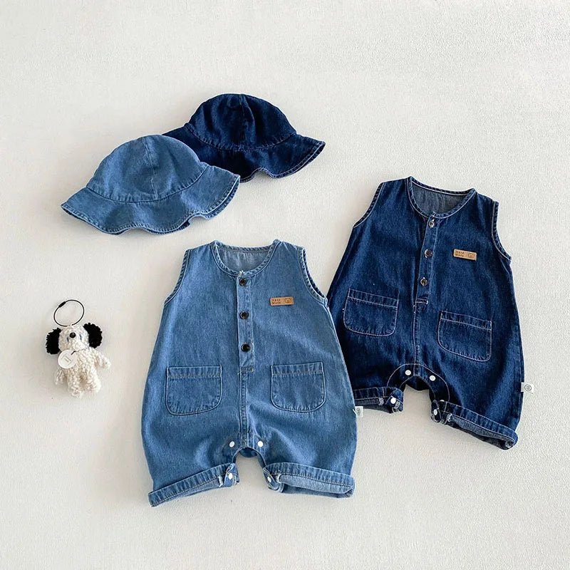Light blue soft denim baby romper with matching hat