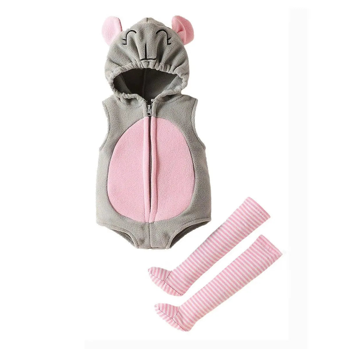 Infant mouse romper costume set with hood and striped stockings