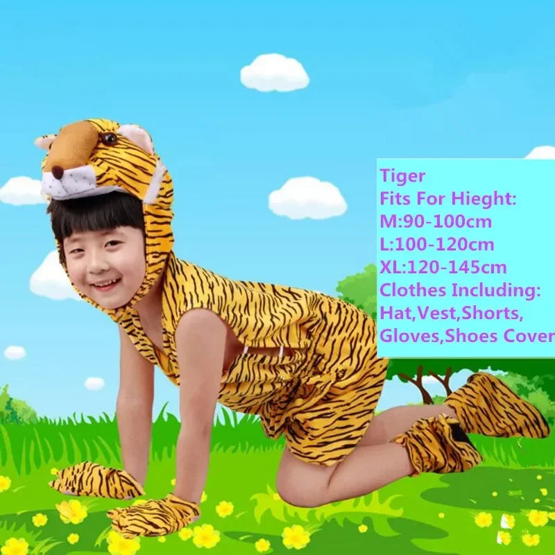 Child wearing tiger animal costume set with hat, vest, shorts, gloves, and shoe covers