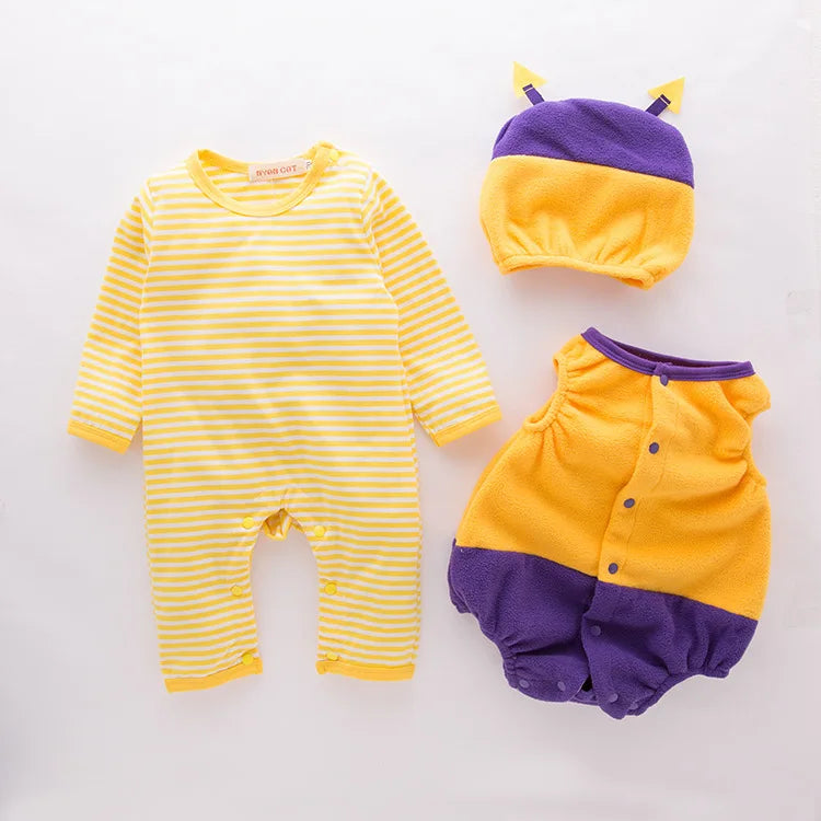 Infant bee costume set with romper, hat, and striped bodysuit