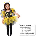 Child wearing yellow and black bee costume with wings and antennae headband