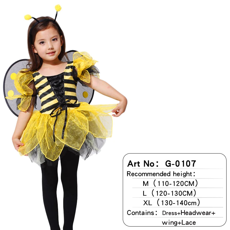 Child wearing yellow and black bee costume with wings and antennae headband