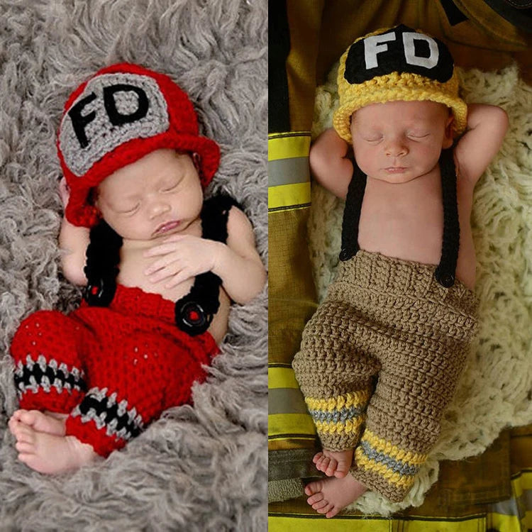 Newborn baby wearing yellow crochet firefighter costume set