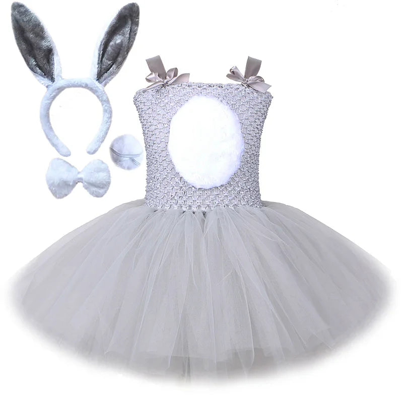 Grey bunny tutu dress costume set with bunny ears headband, bow tie, and tail accessories