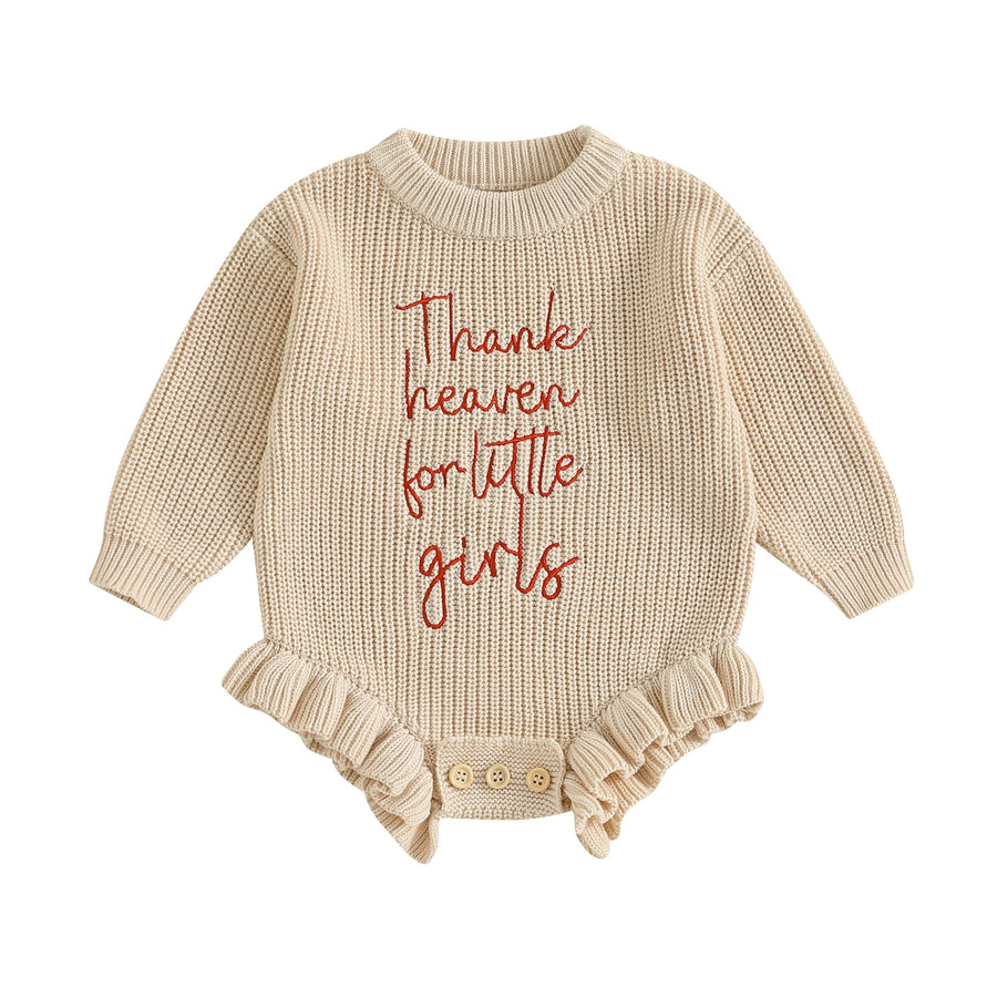 Lovely Baby Sweater Romper with Letter Embroidery and Ruffles