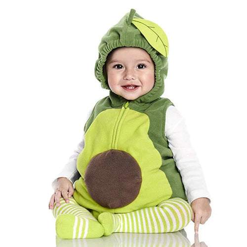 Infant sitting wearing avocado romper costume with hood and striped stockings