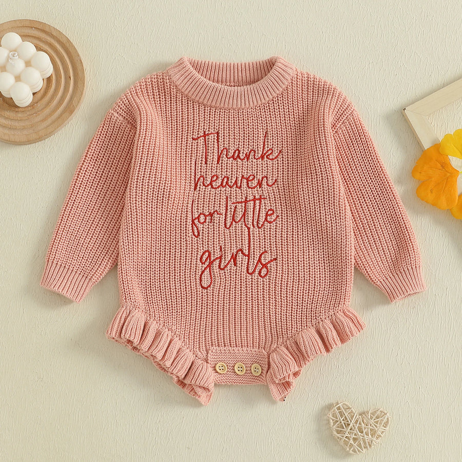 Lovely Baby Sweater Romper with Letter Embroidery and Ruffles