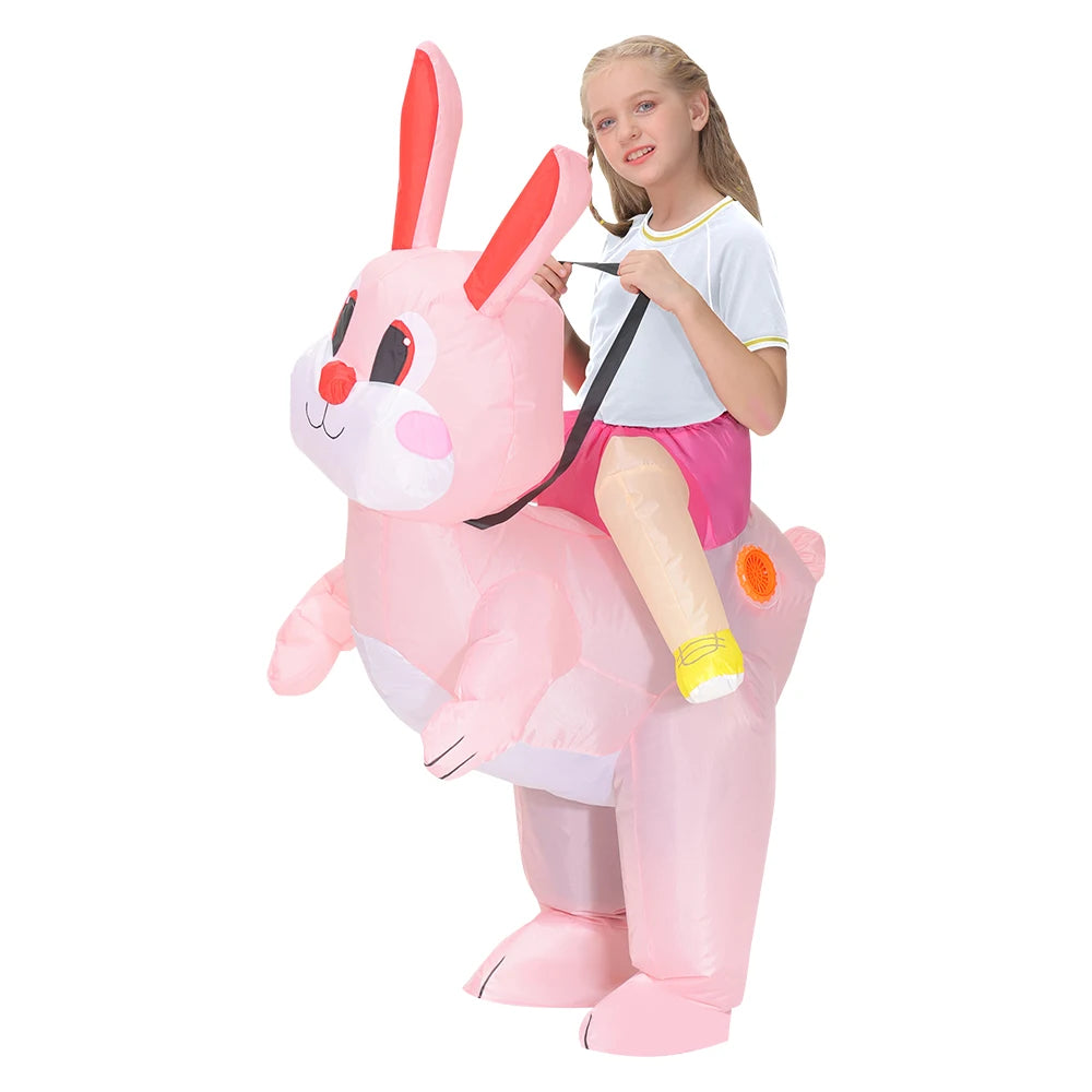 Child wearing pink inflatable bunny costume with fake legs and fan